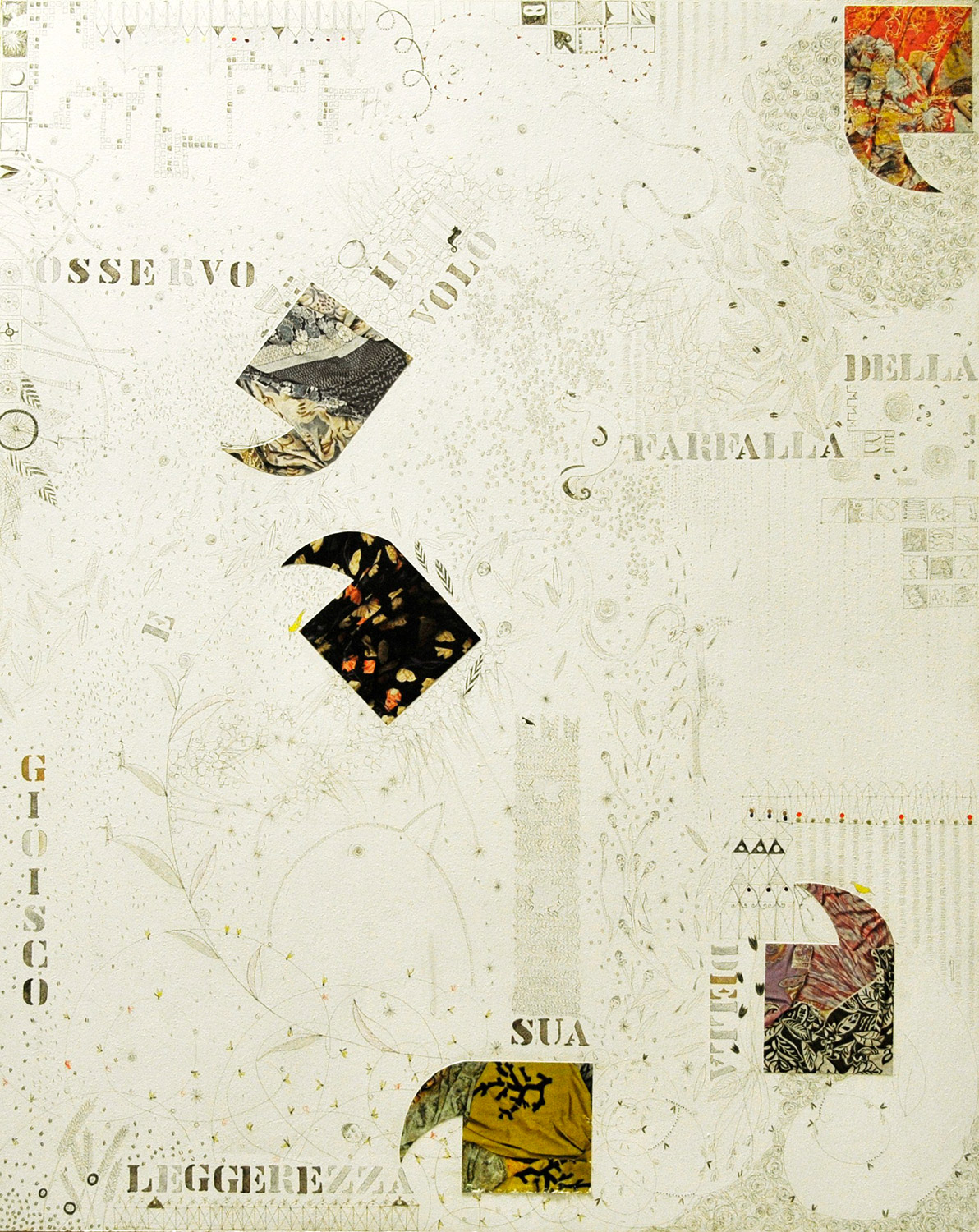 OSSERVO IL VOLO….olio inchiostro collage smalto 72 x 58 (2008)